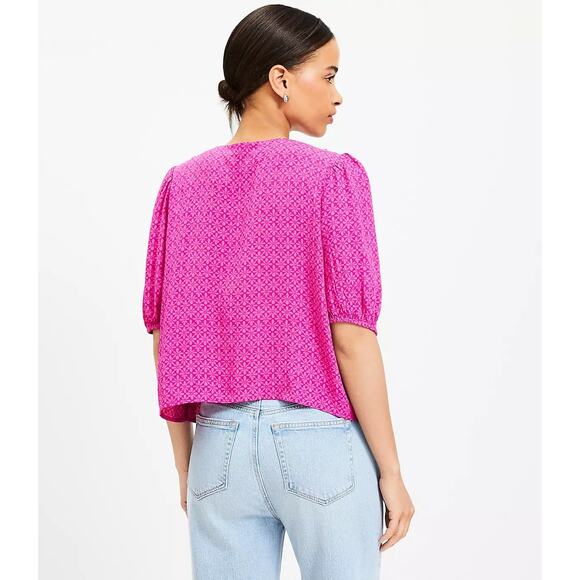 ANN TAYLOR Stamped Puff Sleeve Tie Front Blouse, Size Small Petite - Picture 5 of 13